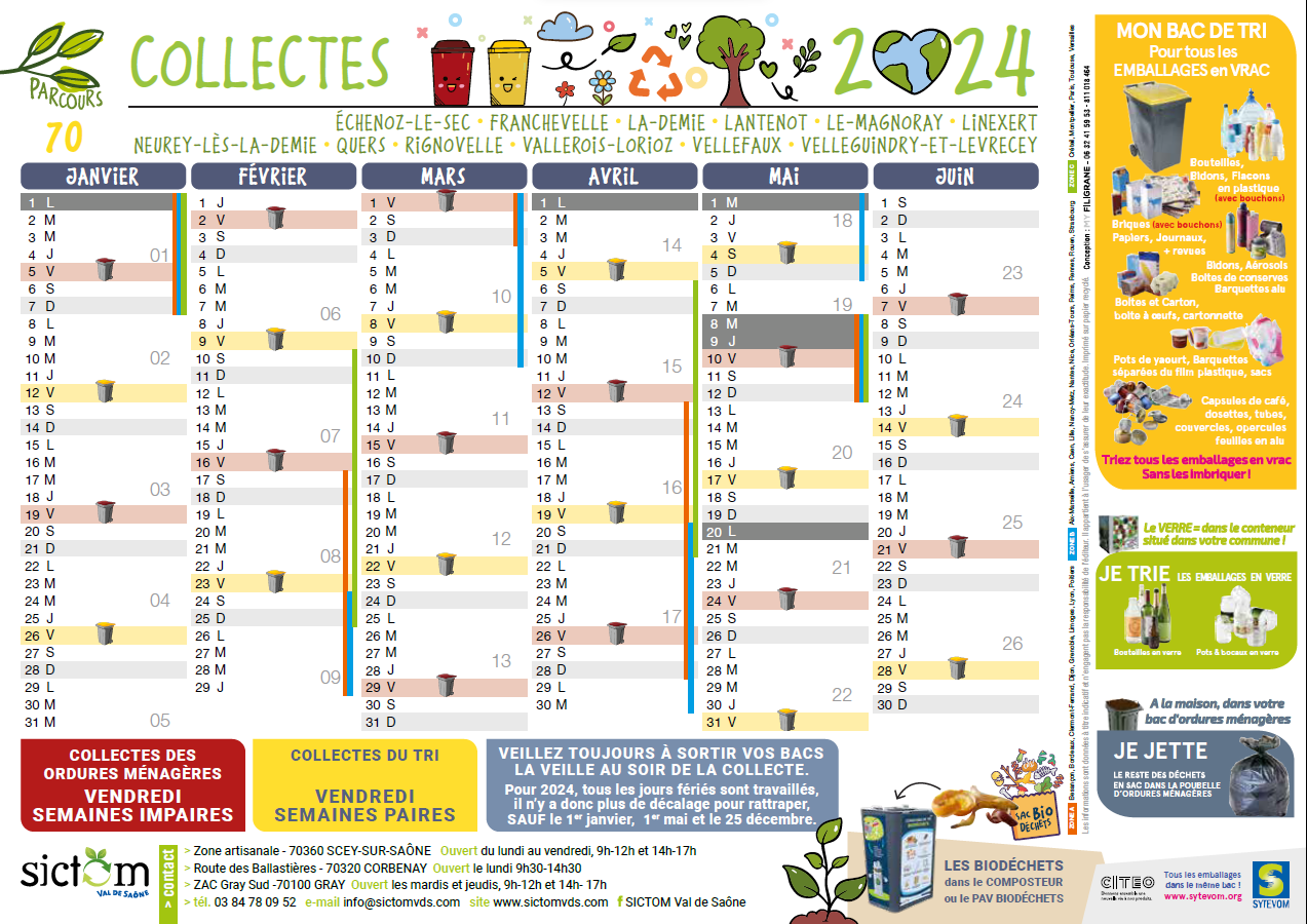 Calendrier collectes des poubelles 2024 Mairie de Franchevelle